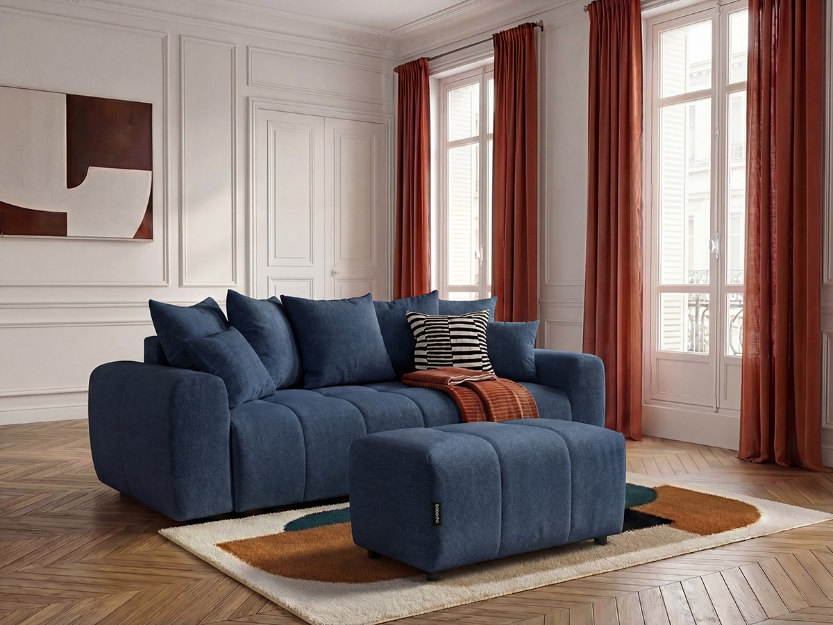 Canapé 3 places convertible ROXELANE chiné avec pouf bleu foncé