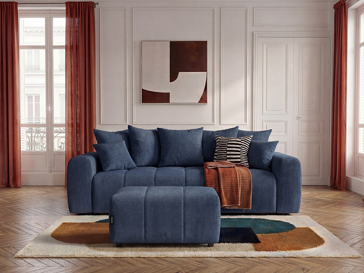 Canapé 3 places convertible ROXELANE chiné avec pouf bleu foncé — vue 4