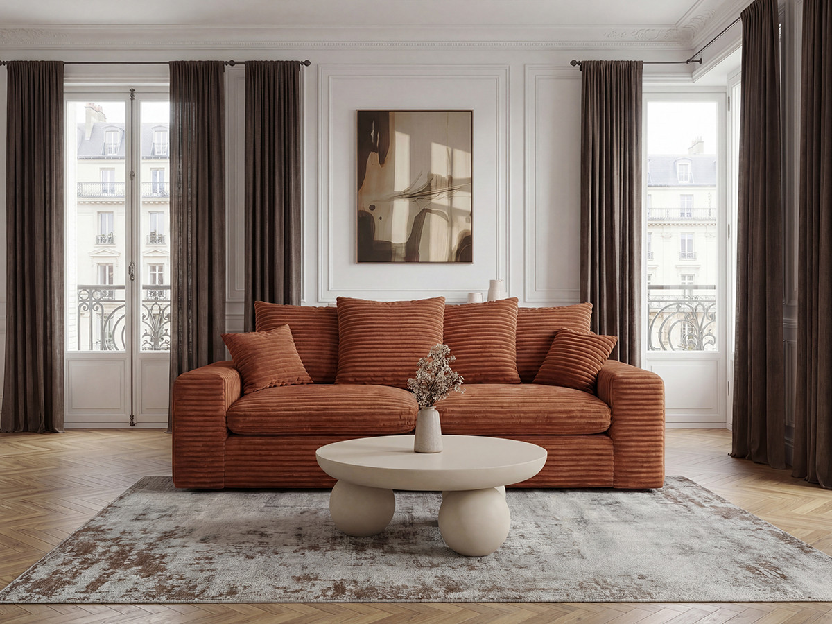 Canapé droit 2 places NEVADA gros côtelé doux orange — vue 4