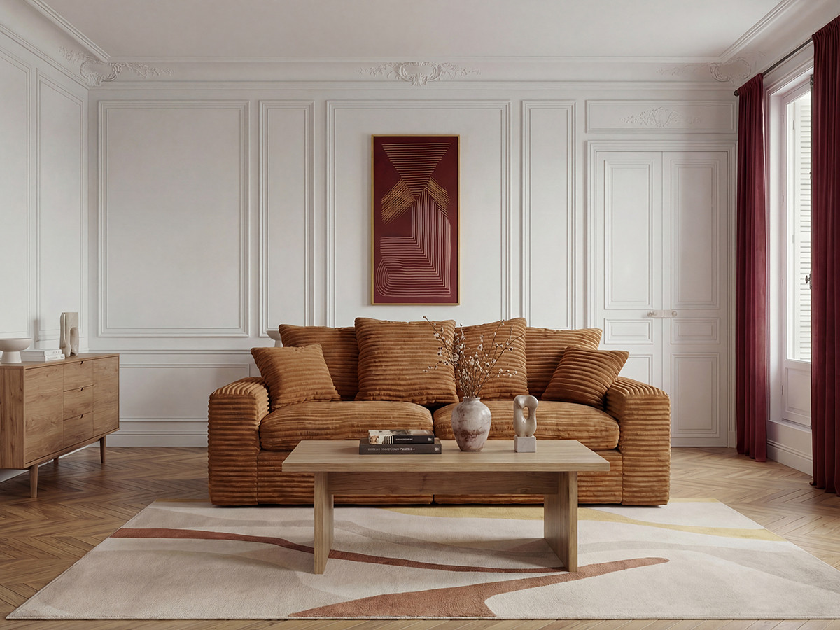 Canapé droit 2 places NEVADA gros côtelé doux ocre — vue 4