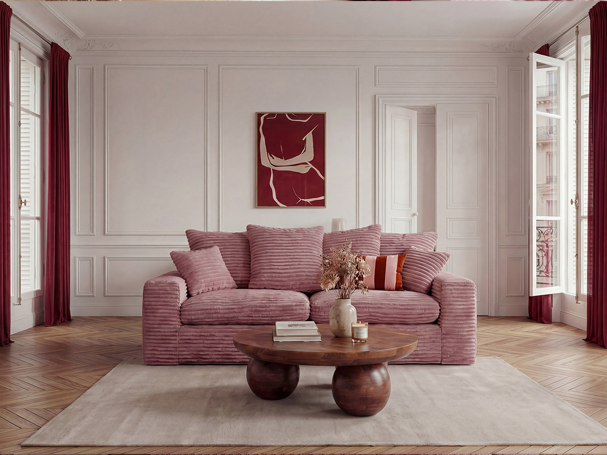 Canapé droit 2 places NEVADA gros côtelé doux rose — vue 4