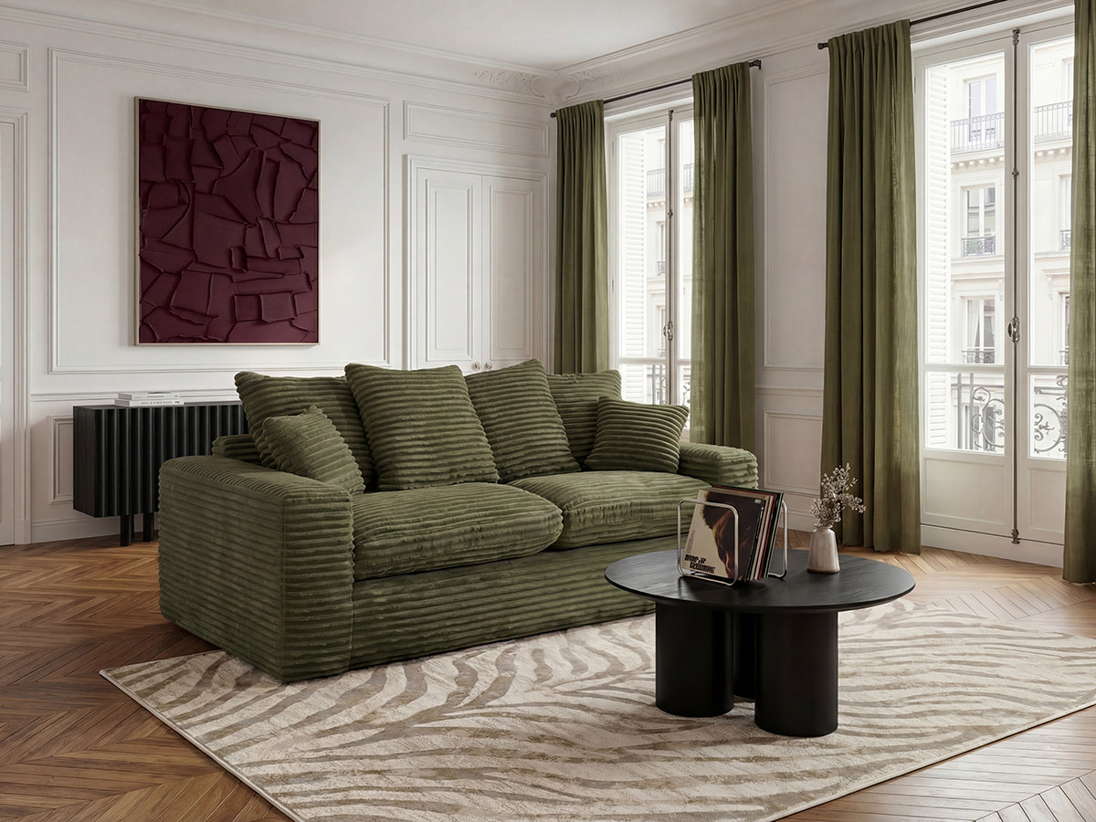 Canapé droit 2 places NEVADA gros côtelé doux vert