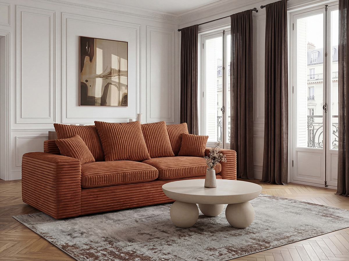 Canapé droit 2 places NEVADA gros côtelé doux orange