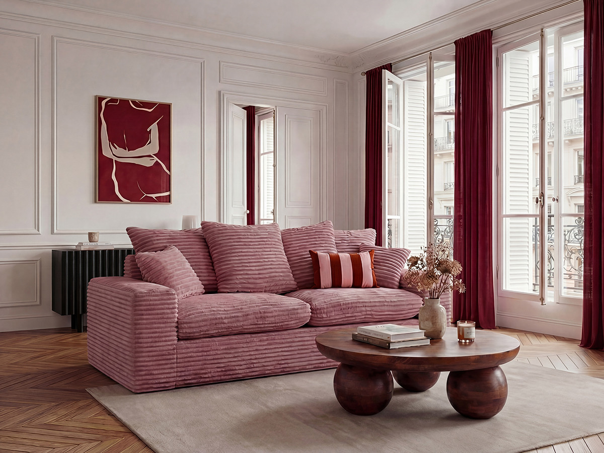 Canapé droit 2 places NEVADA gros côtelé doux rose