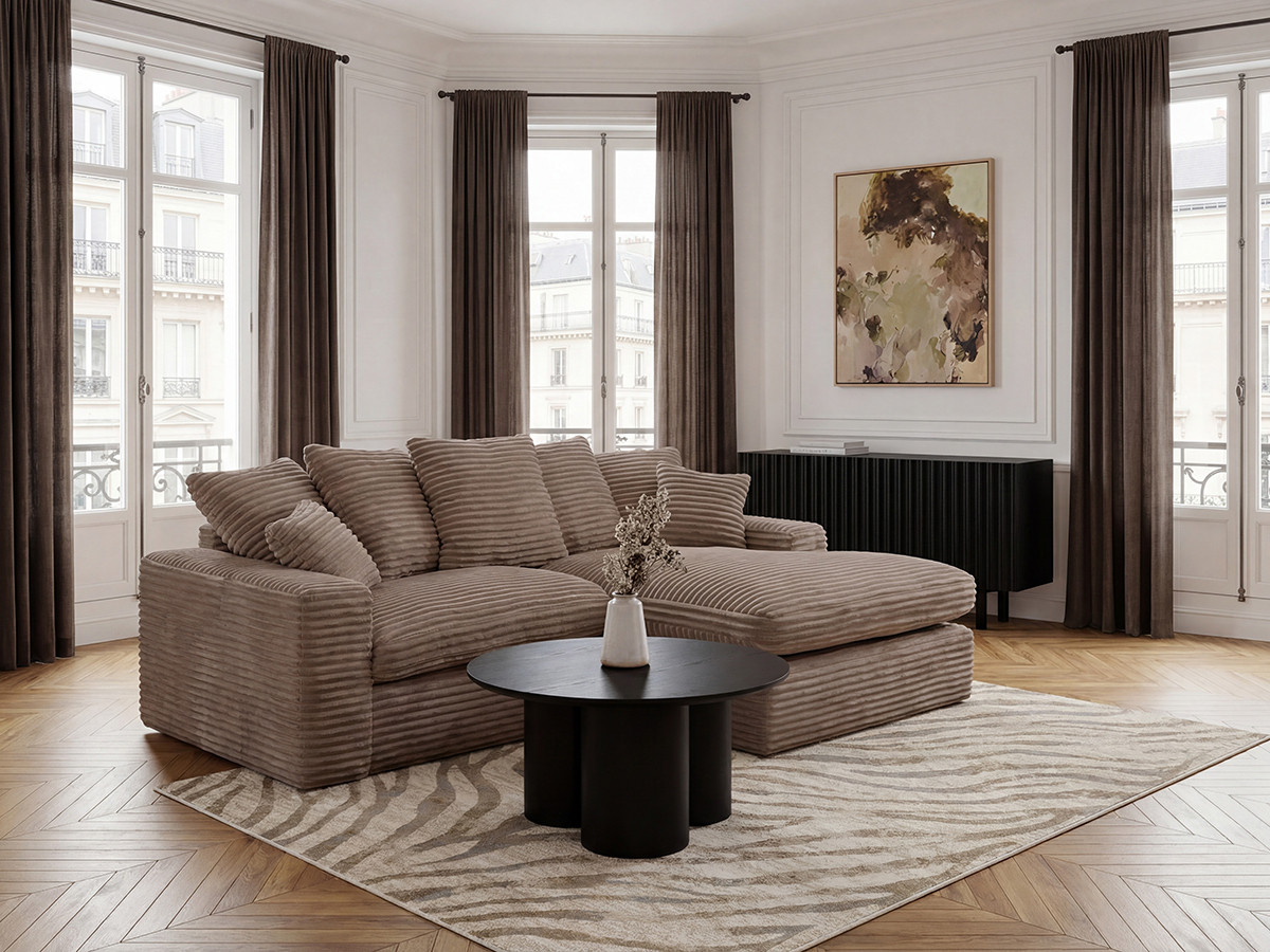 Canapé d'angle réversible compact NEVADA gros côtelé doux taupe