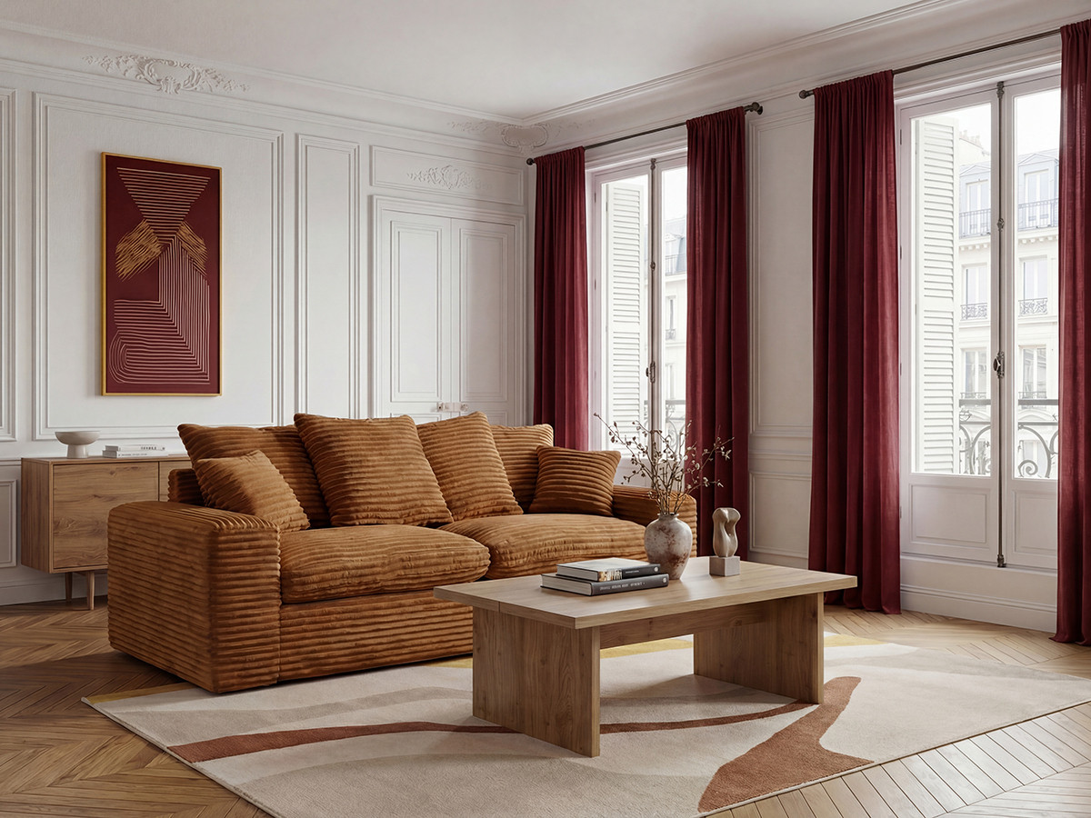 Canapé droit 2 places NEVADA gros côtelé doux ocre