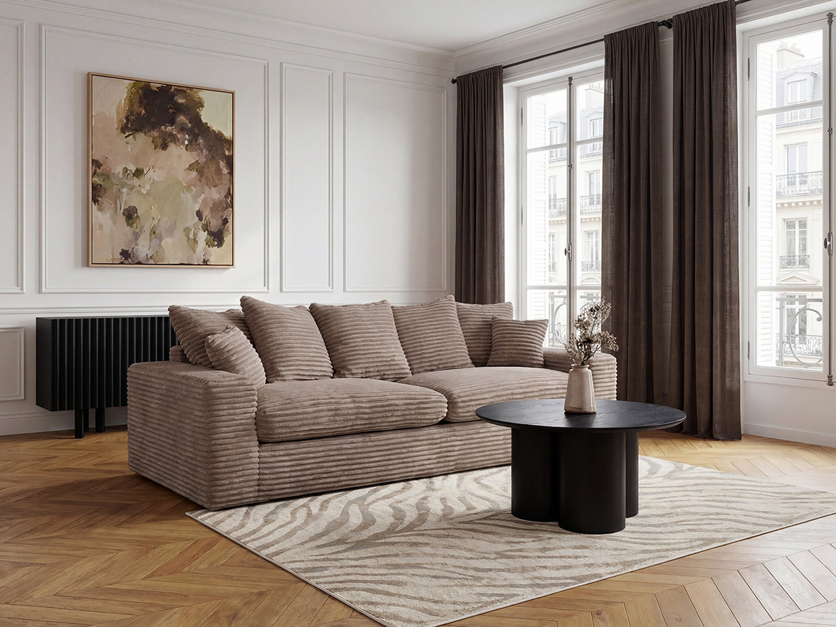 Canapé droit 3 places NEVADA gros côtelé doux taupe