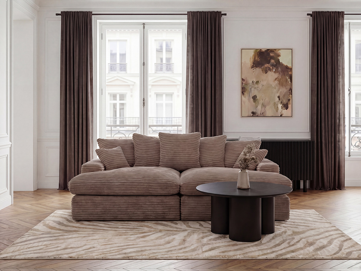 Canapé 3 places causeuse avec assise profonde NEVADA gros côtelé doux taupe