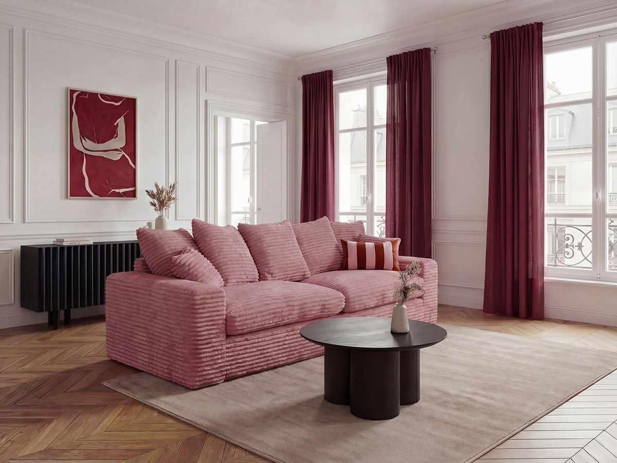 Canapé droit 3 places NEVADA gros côtelé doux rose