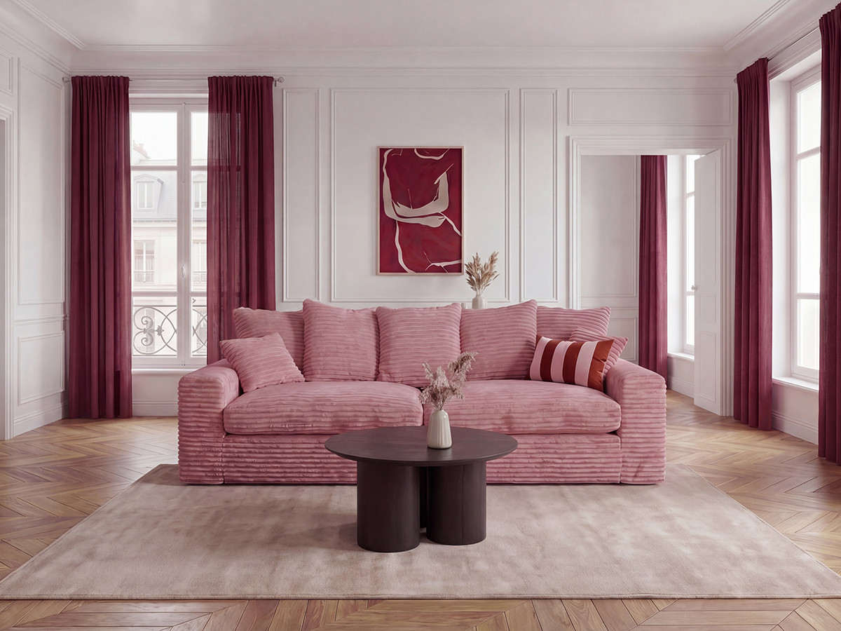 Canapé droit 3 places NEVADA gros côtelé doux rose — vue 4