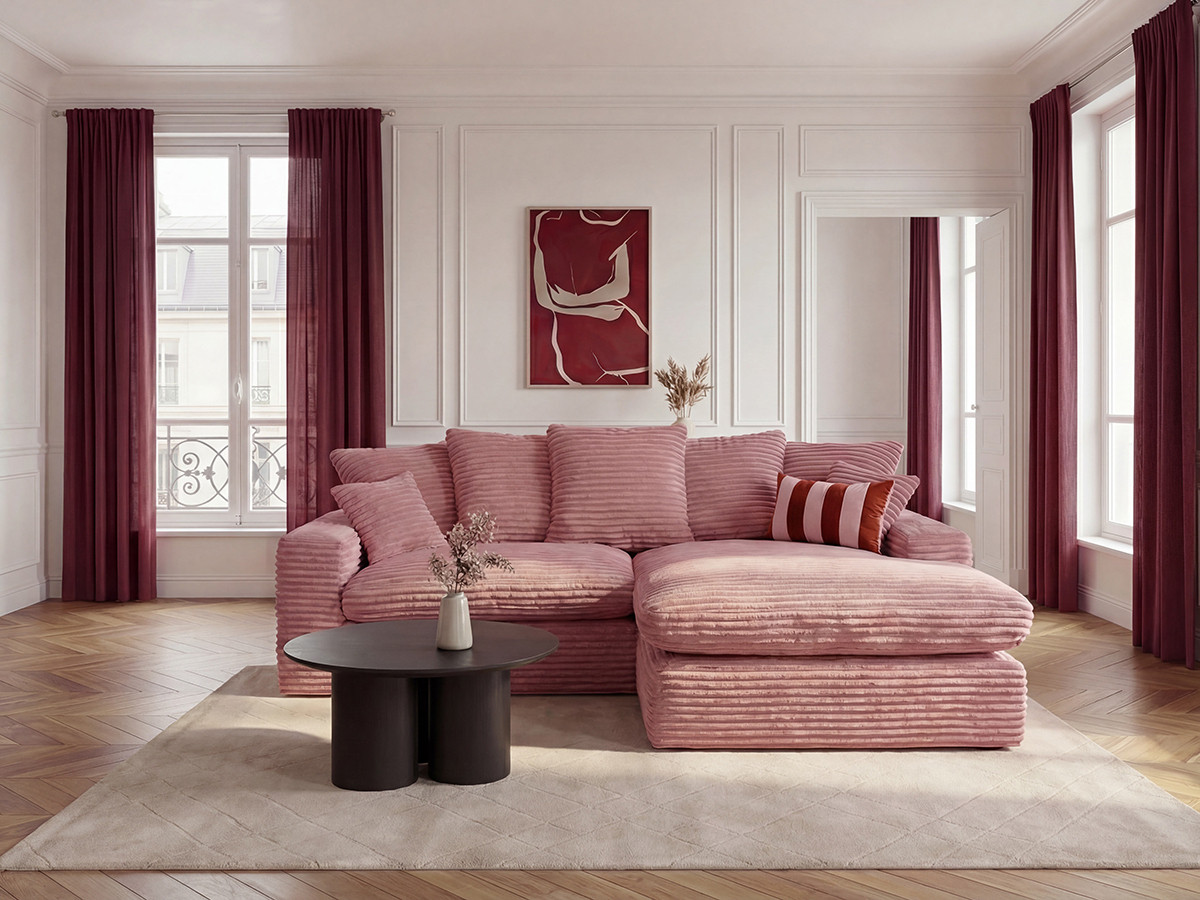 Canapé d'angle réversible compact NEVADA gros côtelé doux rose — vue 4