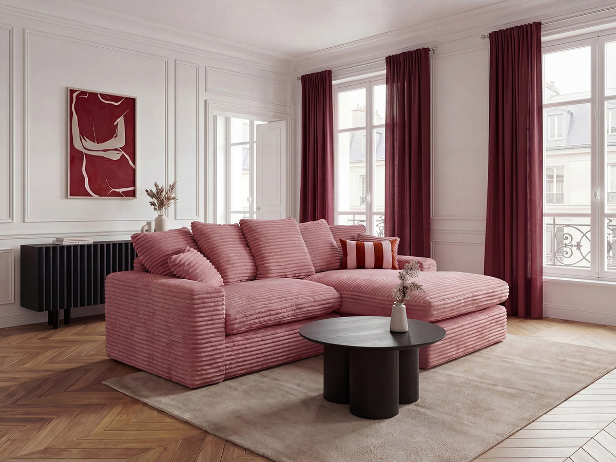 Canapé d'angle réversible compact NEVADA gros côtelé doux rose