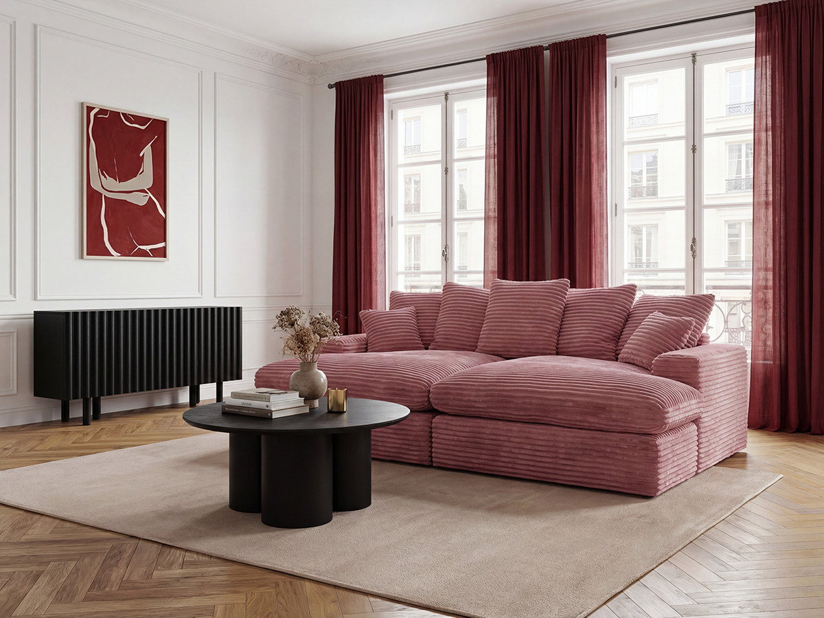 Canapé 3 places causeuse avec assise profonde NEVADA gros côtelé doux rose