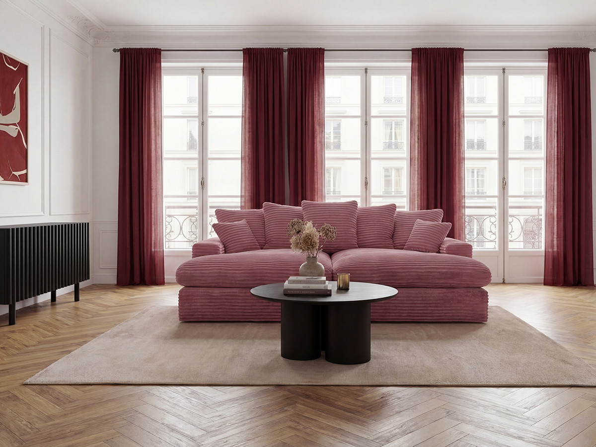Canapé 3 places causeuse avec assise profonde NEVADA gros côtelé doux rose — vue 4