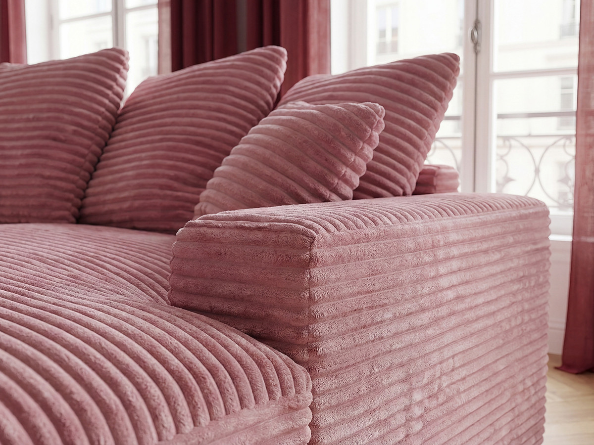 Canapé 3 places causeuse avec assise profonde NEVADA gros côtelé doux rose — vue 5