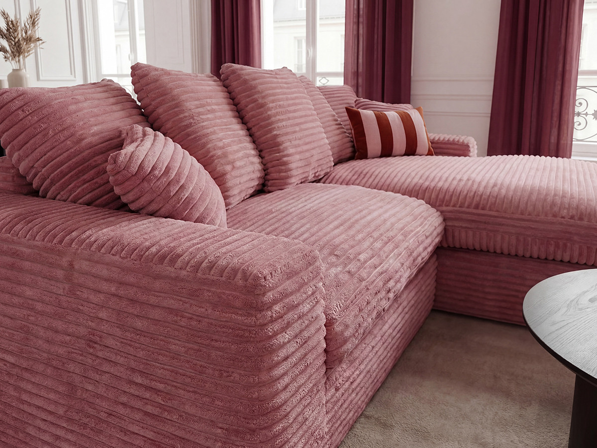 Canapé d'angle réversible compact NEVADA gros côtelé doux rose — vue 5