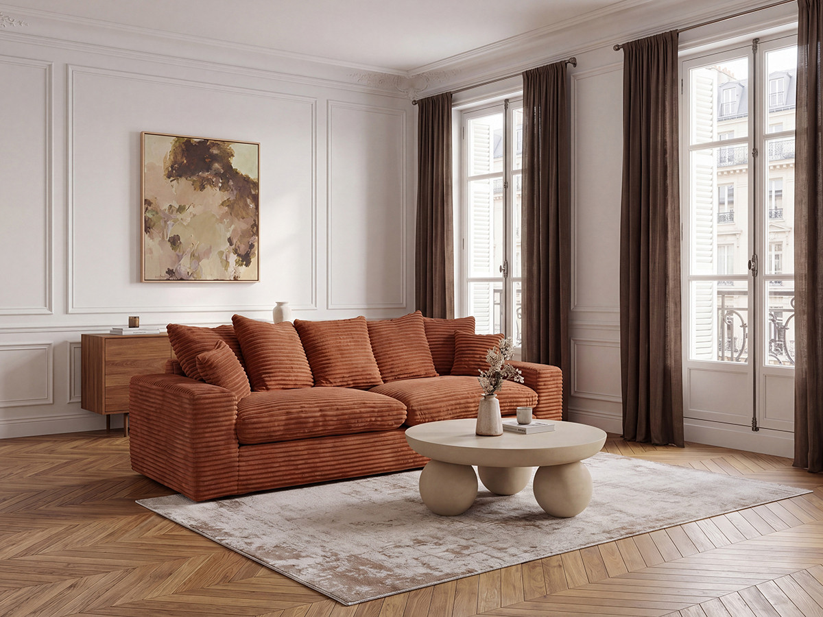 Canapé droit 3 places NEVADA gros côtelé doux orange