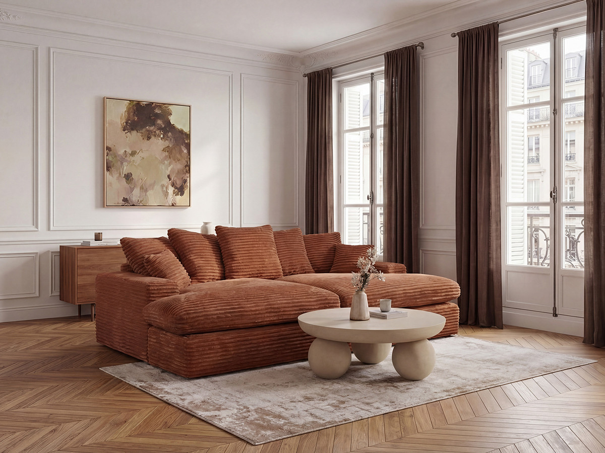 Canapé 3 places causeuse avec assise profonde NEVADA gros côtelé doux orange