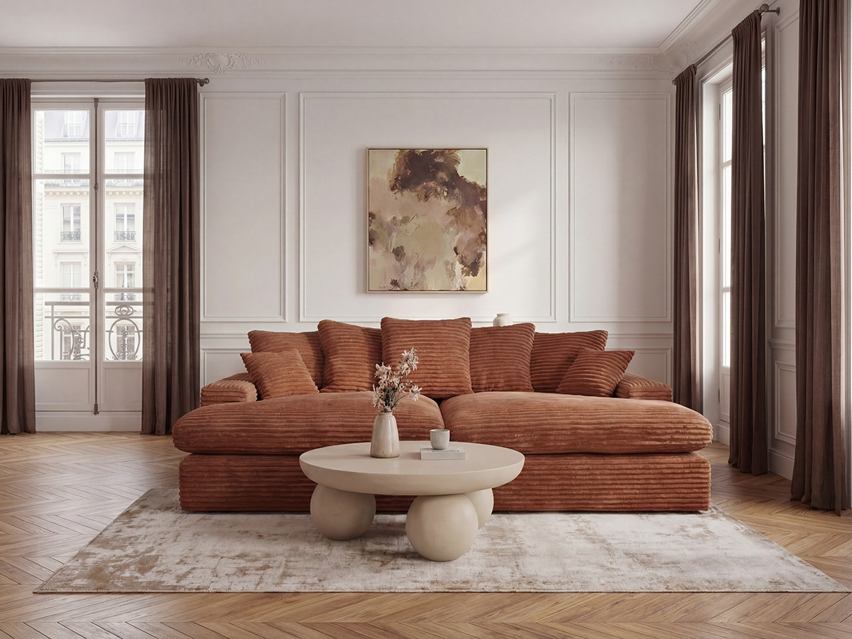 Canapé 3 places causeuse avec assise profonde NEVADA gros côtelé doux orange — vue 4