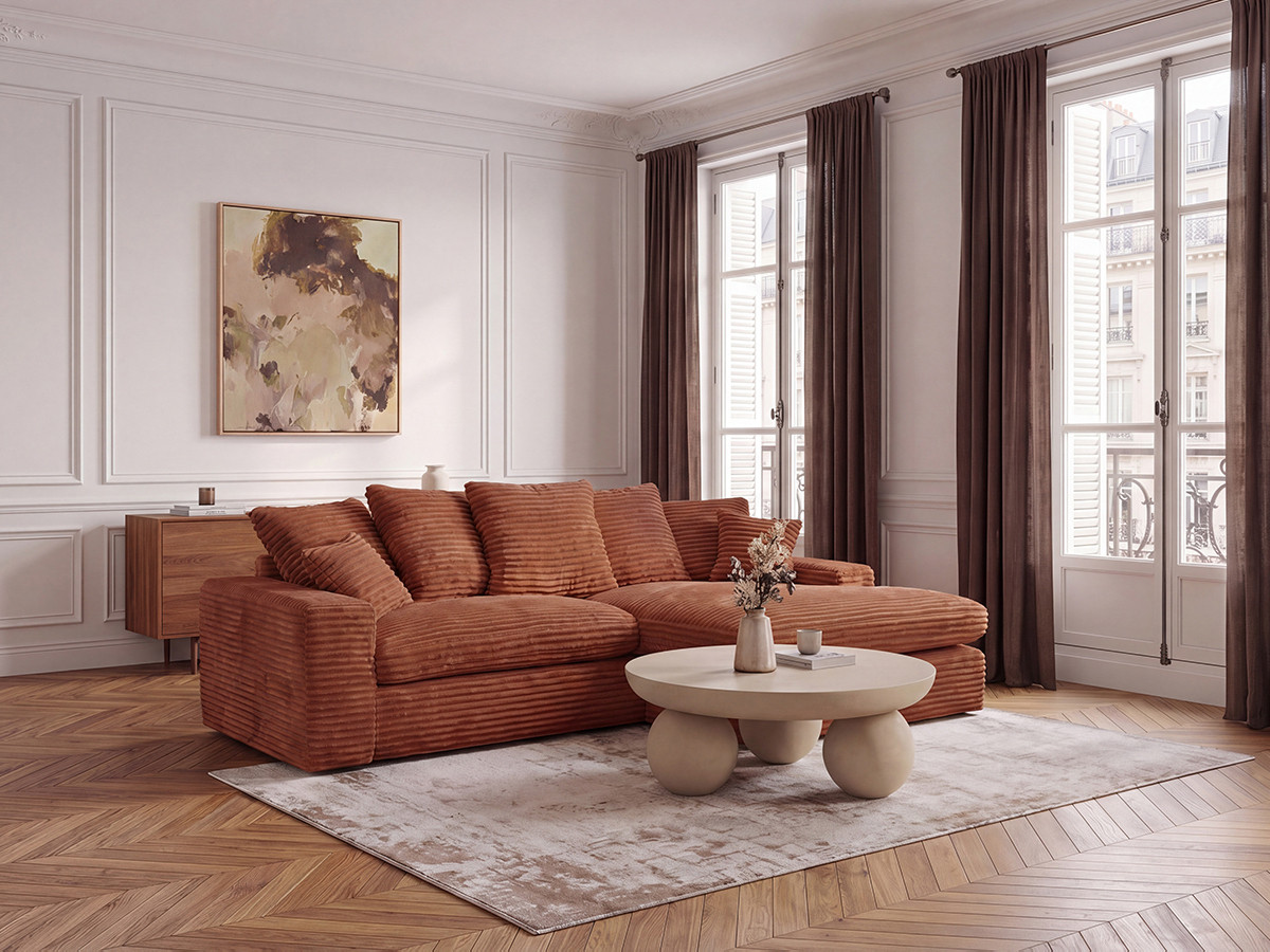 Canapé d'angle réversible compact NEVADA gros côtelé doux orange