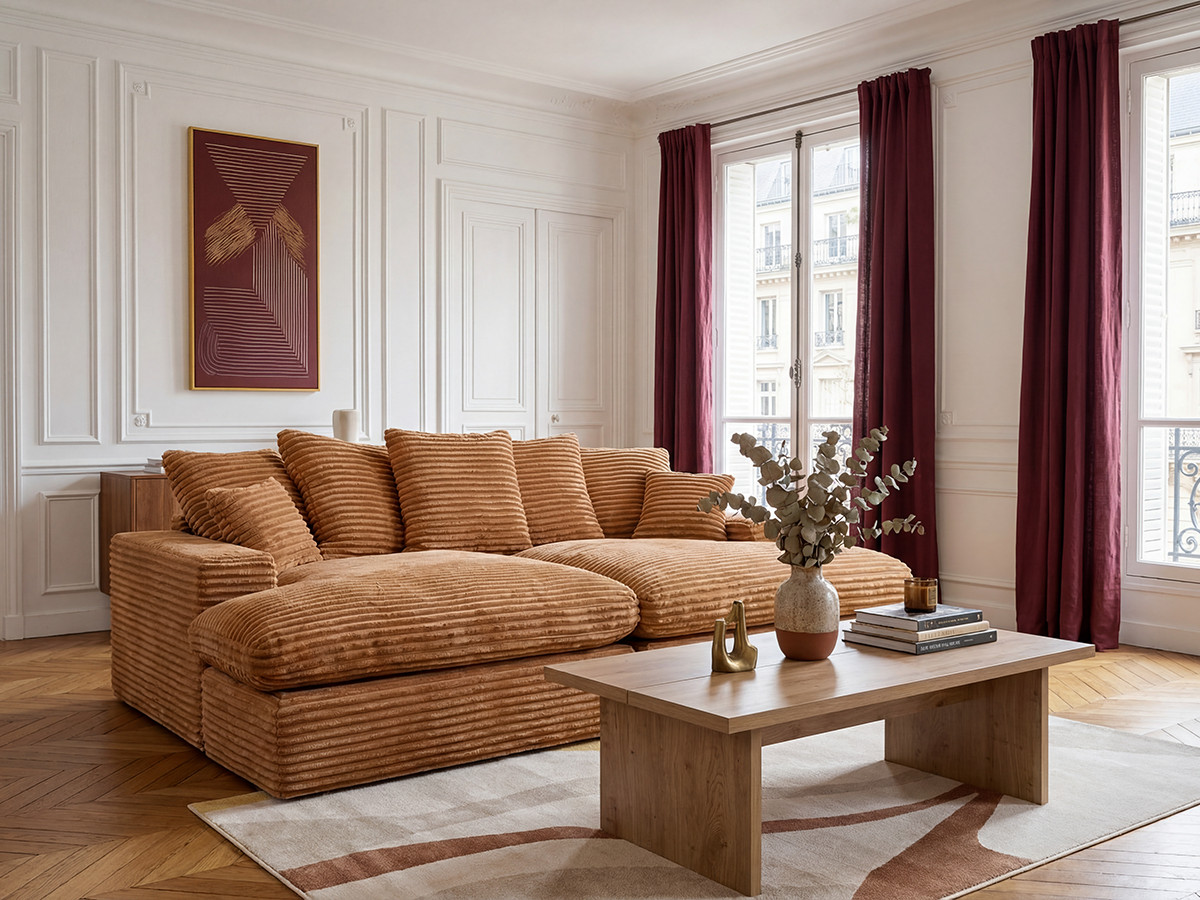 Canapé 3 places causeuse avec assise profonde NEVADA gros côtelé doux ocre