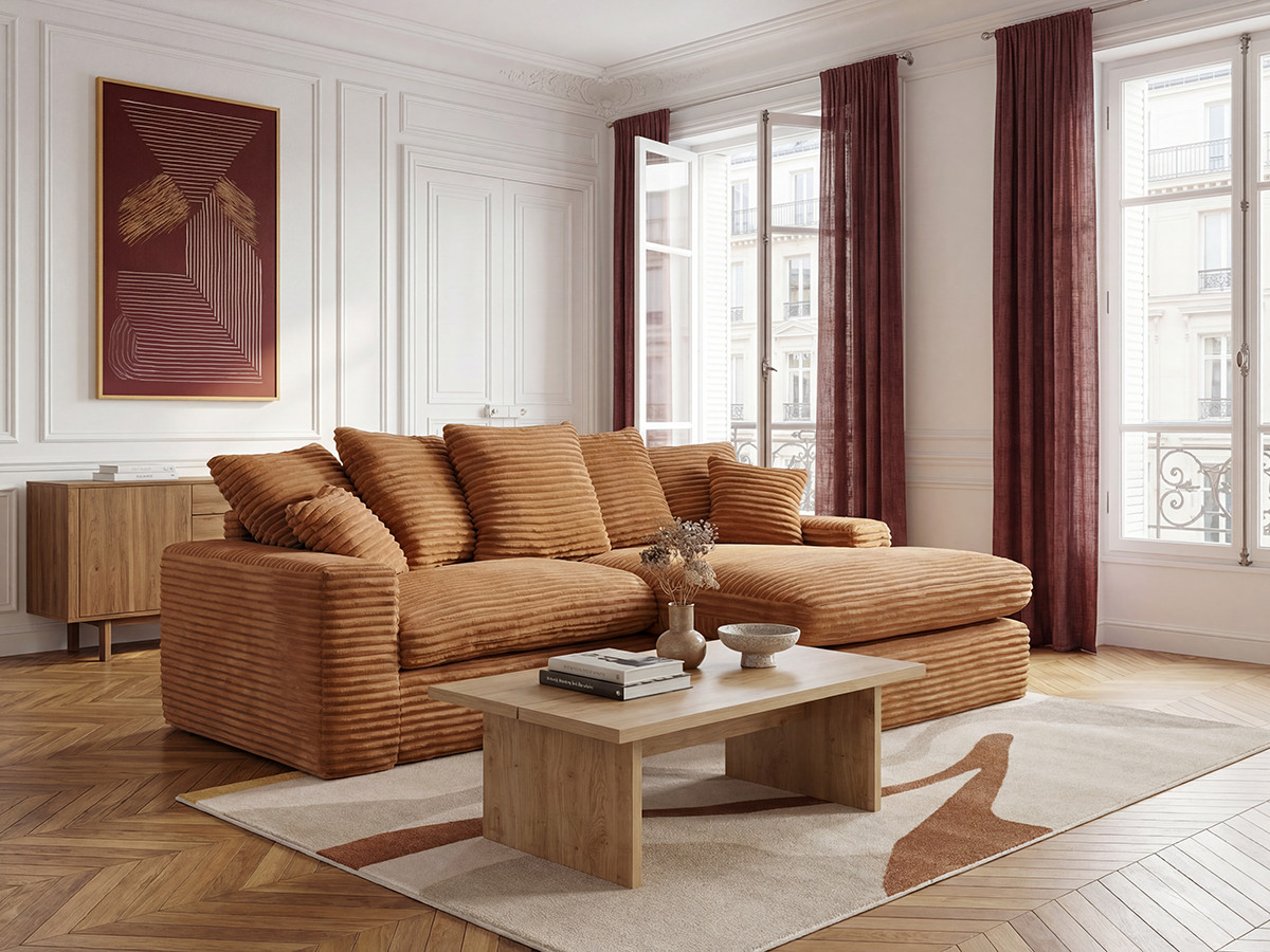 Canapé d'angle réversible compact NEVADA gros côtelé doux ocre