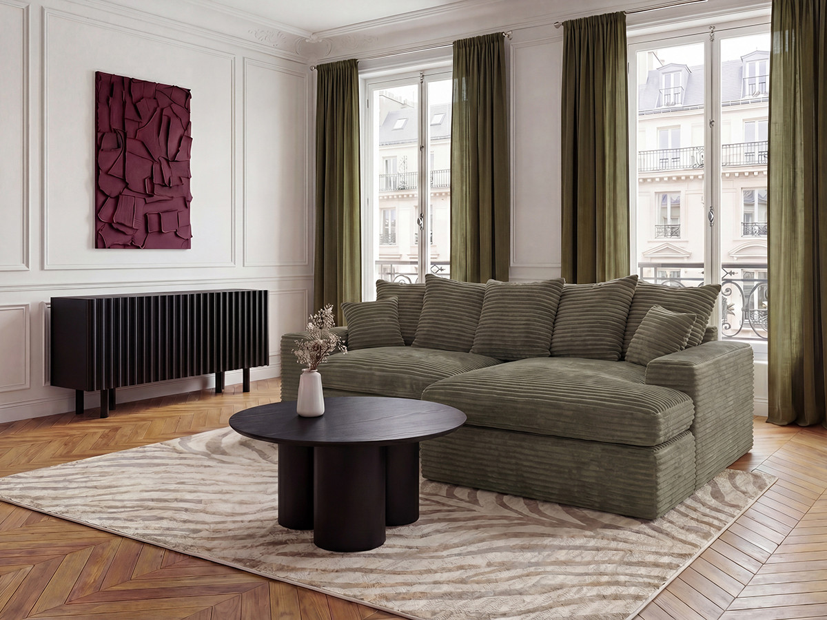 Canapé d'angle réversible compact NEVADA gros côtelé doux vert