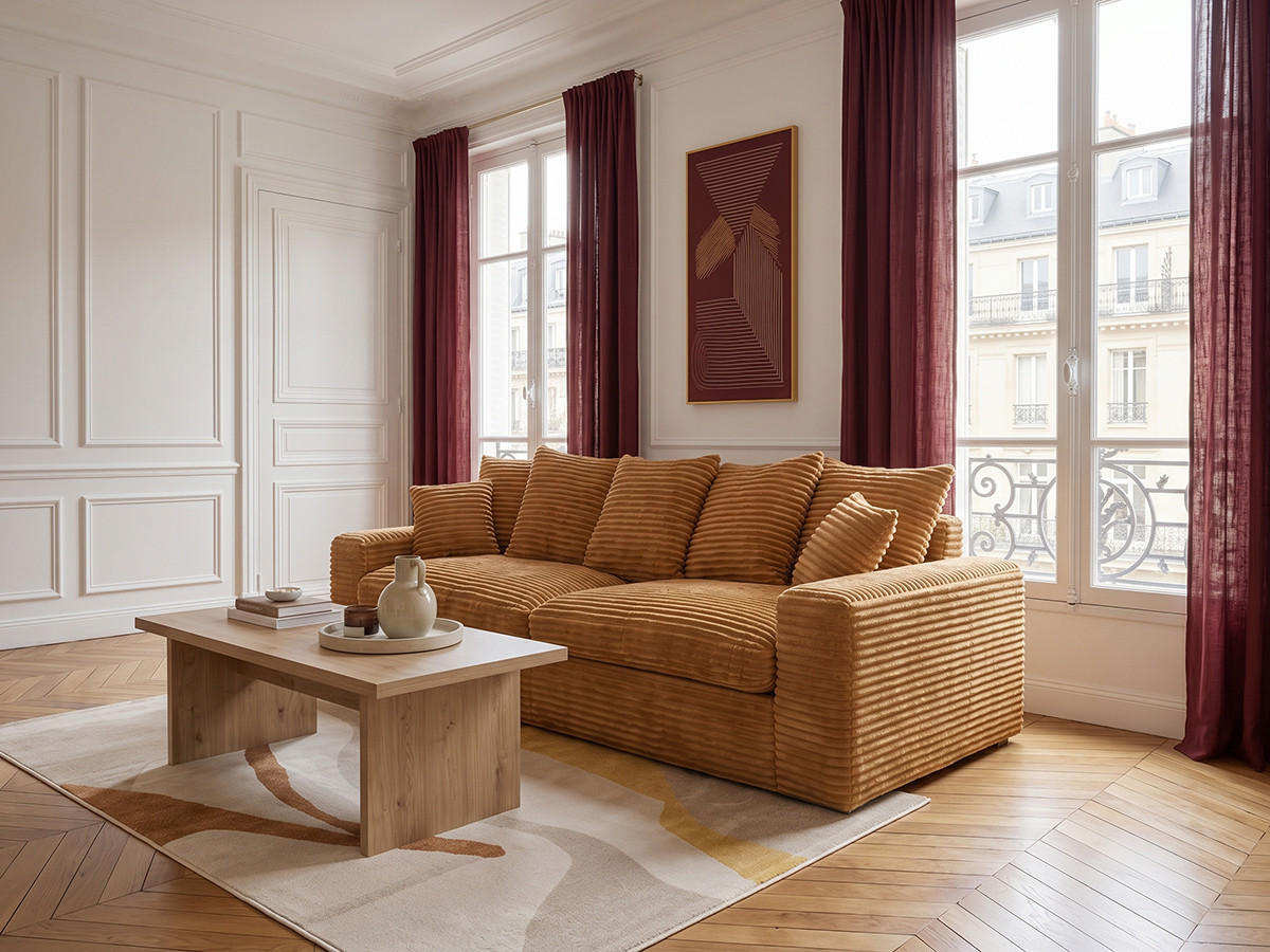 Canapé droit 3 places NEVADA gros côtelé doux ocre