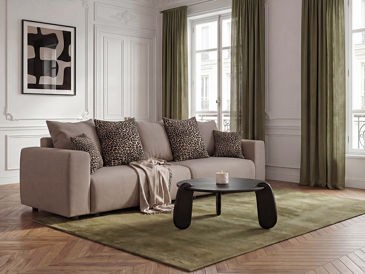 Canapé droit convertible SIDONIE avec coussins à motif léopard