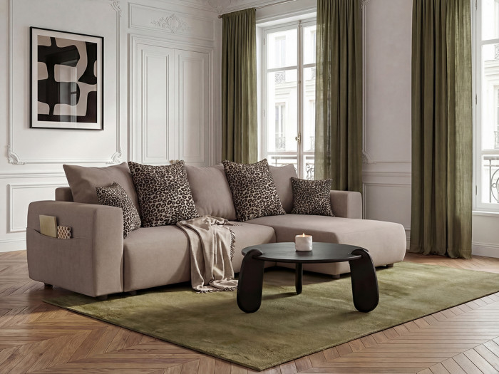Canapé d'angle convertible réversible coffre SIDONIE avec coussins à motif léopard