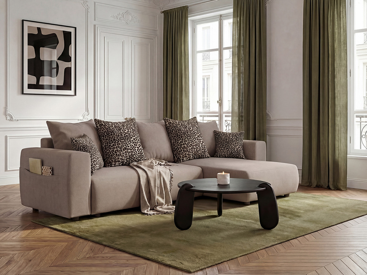 Canapé d'angle convertible réversible coffre SIDONIE avec coussins à motif léopard
