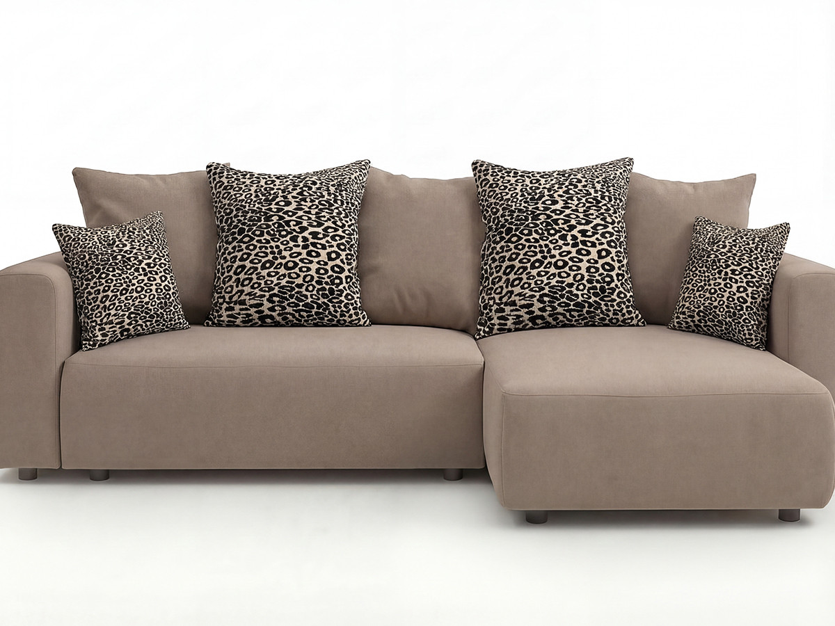 Canapé d'angle convertible réversible coffre SIDONIE avec coussins à motif léopard
