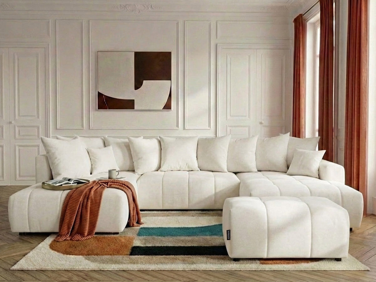 Canapé panoramique convertible ROXELANE tissu chiné avec pouf