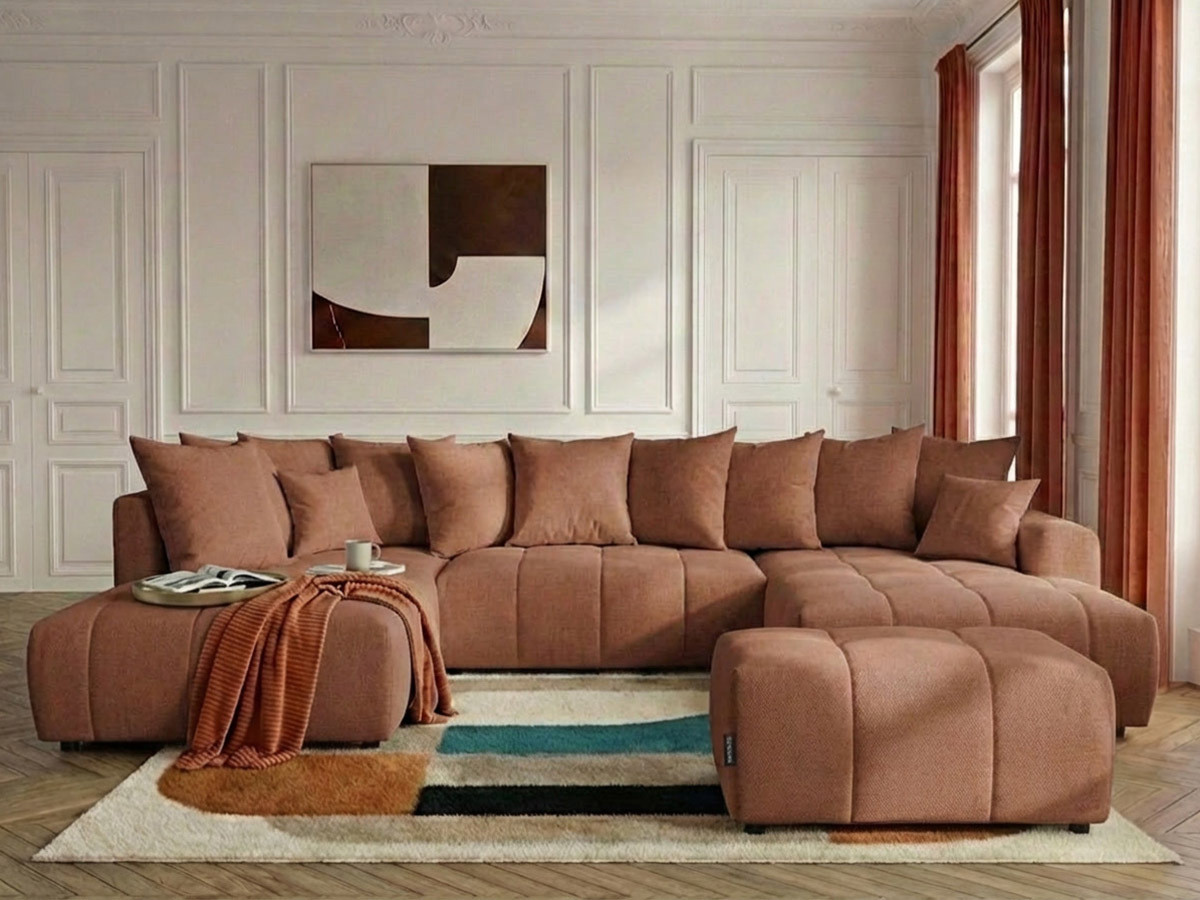 Canapé panoramique convertible ROXELANE chiné avec pouf orange — vue 4