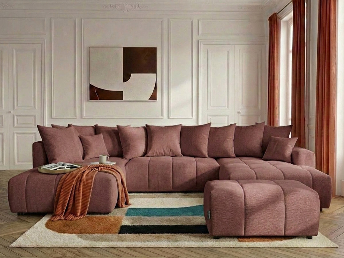 Canapé panoramique convertible ROXELANE chiné avec pouf rouge — vue 4