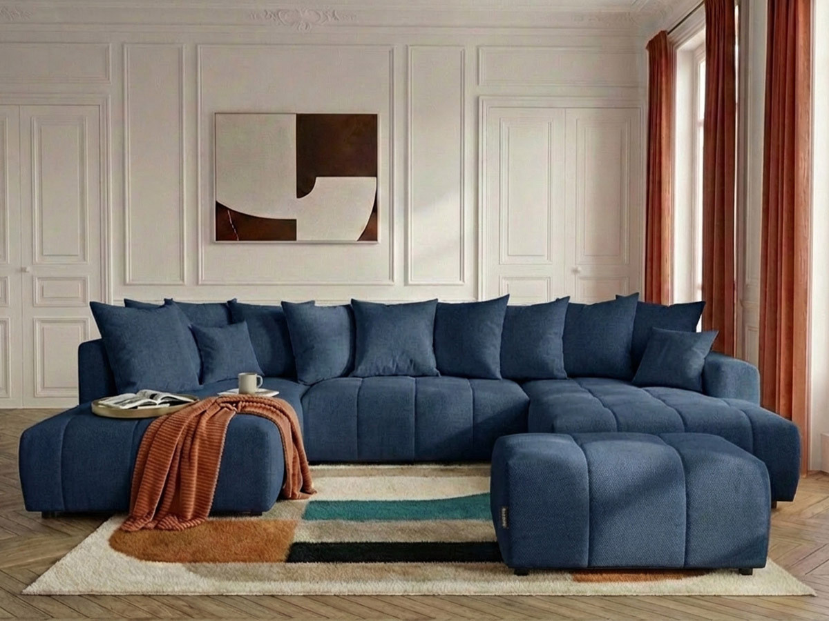 Canapé panoramique convertible ROXELANE chiné avec pouf bleu foncé — vue 4