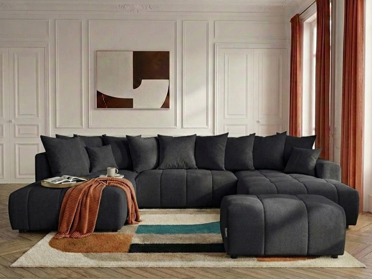 Canapé panoramique convertible ROXELANE tissu chiné avec pouf