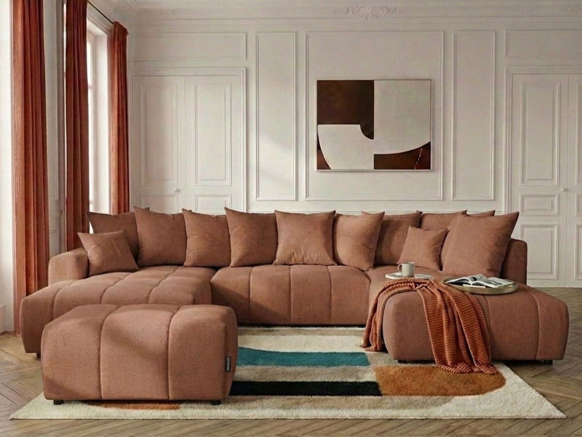 Canapé panoramique convertible ROXELANE tissu chiné avec pouf