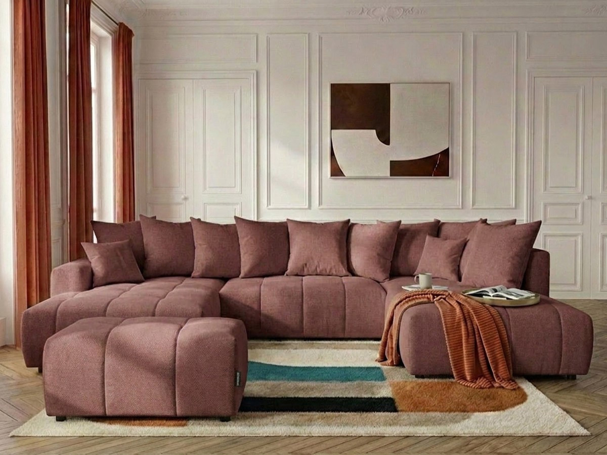 Canapé panoramique convertible ROXELANE tissu chiné avec pouf