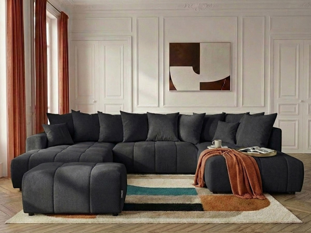 Canapé panoramique convertible ROXELANE tissu chiné avec pouf