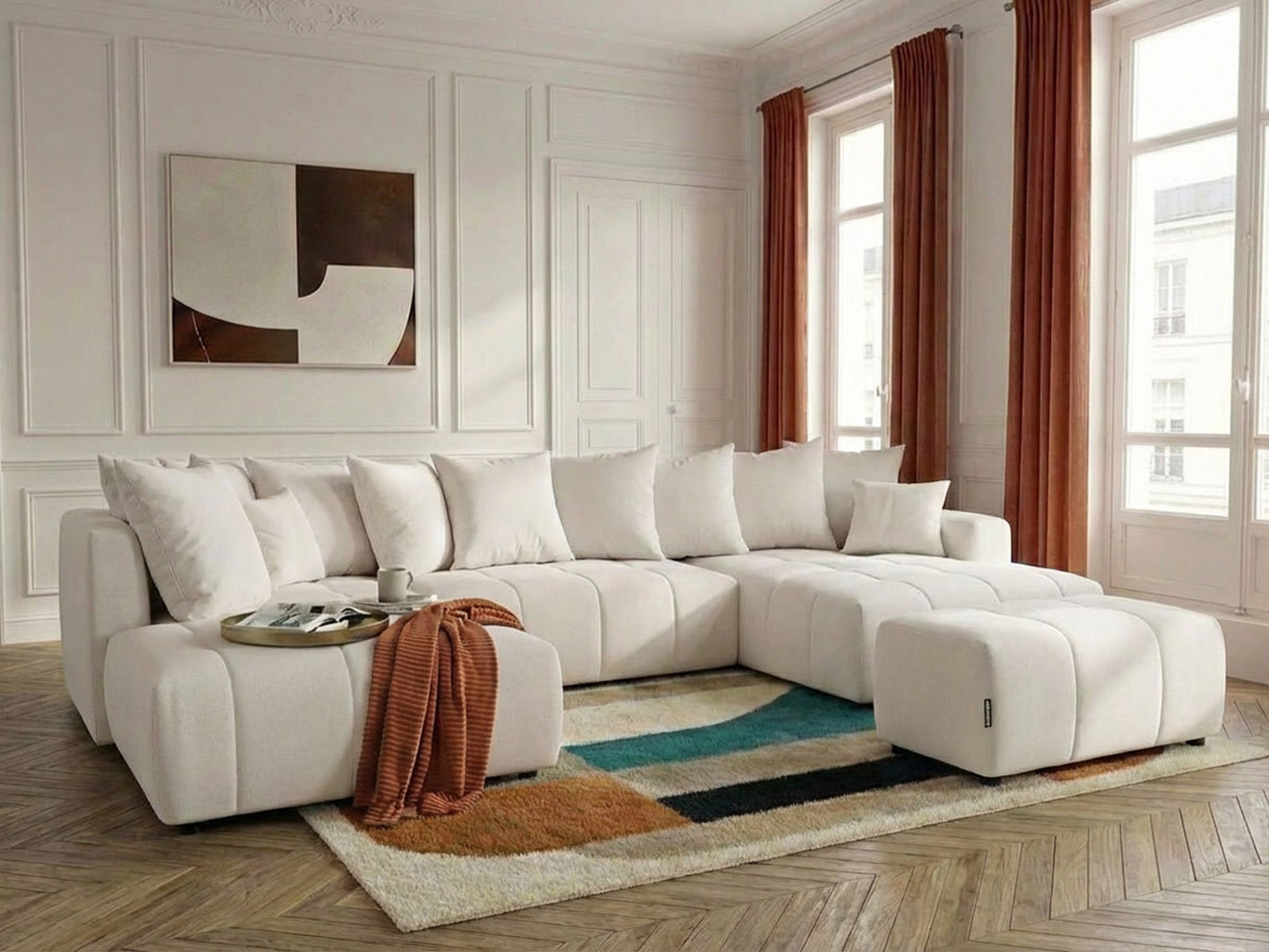 Canapé panoramique convertible ROXELANE tissu chiné avec pouf