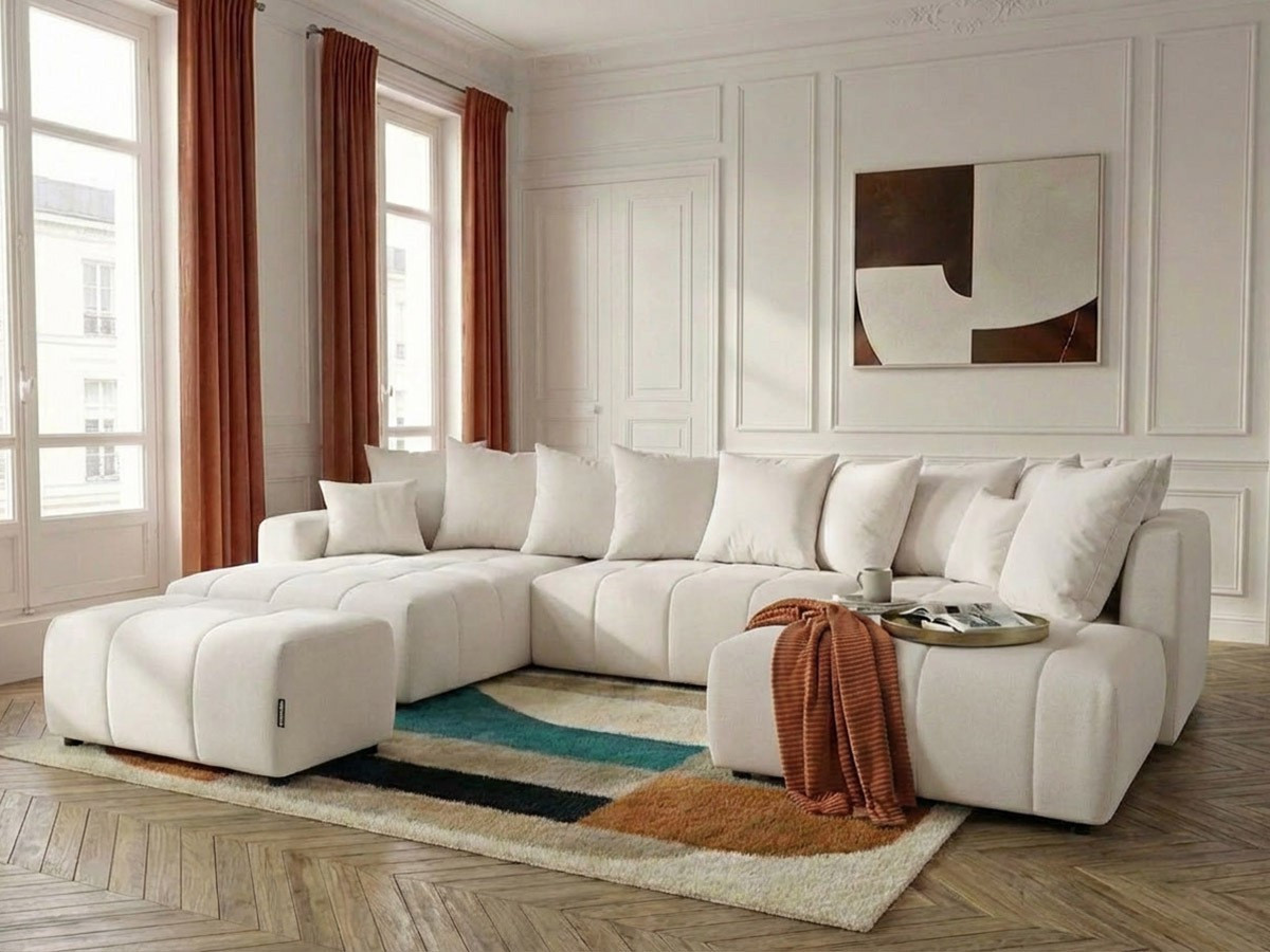 Canapé panoramique convertible ROXELANE tissu chiné avec pouf