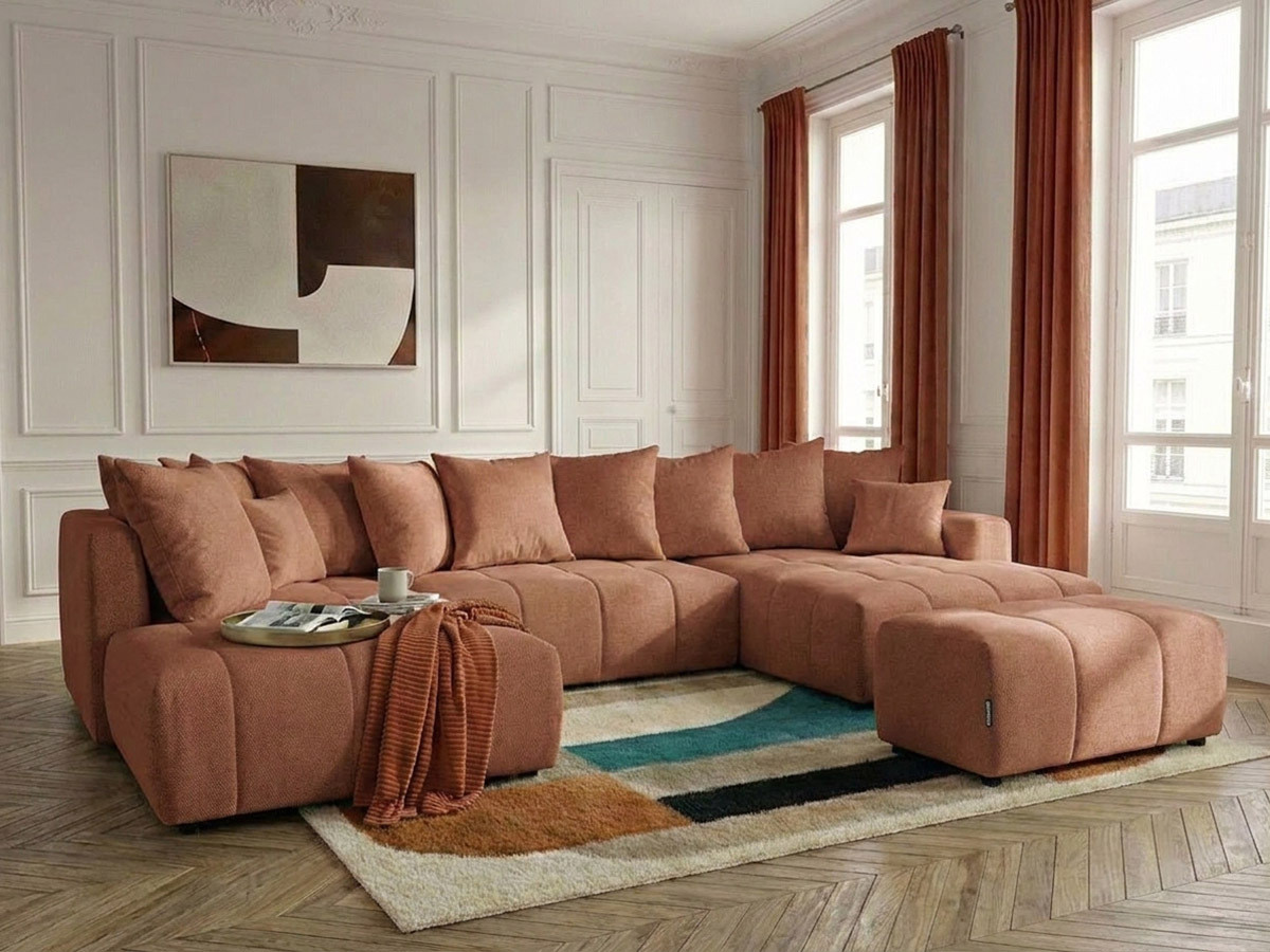 Canapé panoramique convertible ROXELANE chiné avec pouf orange