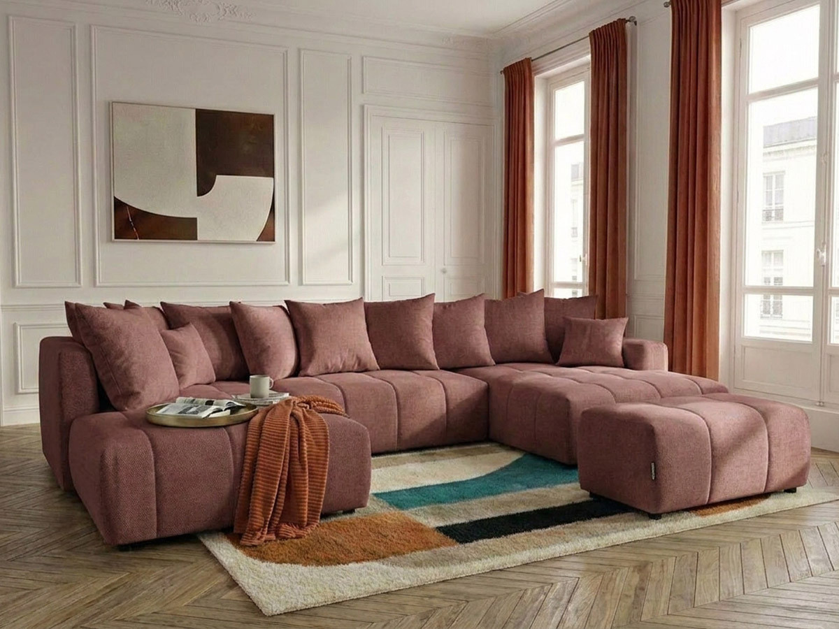 Canapé panoramique convertible ROXELANE chiné avec pouf rouge