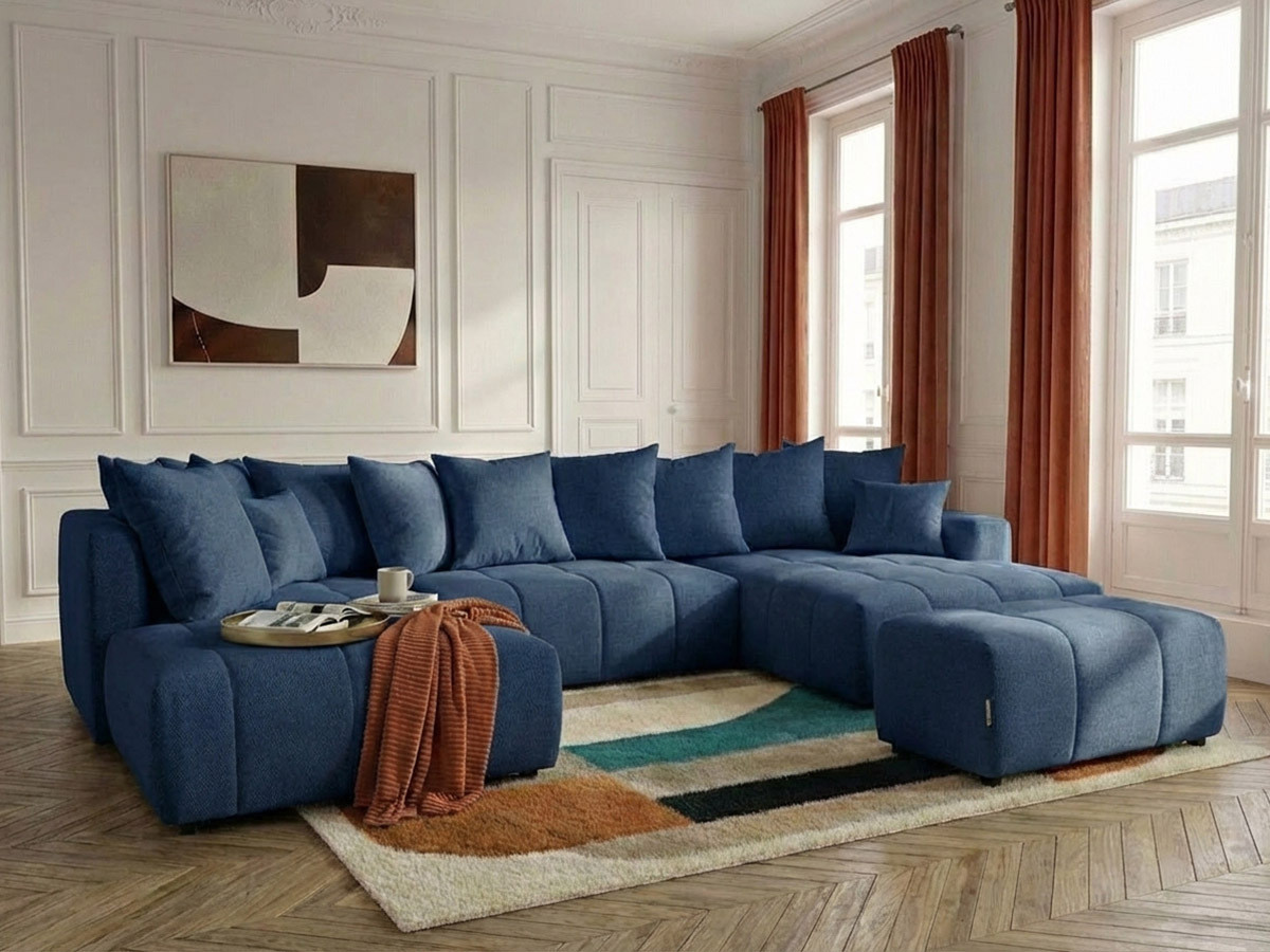 Canapé panoramique convertible ROXELANE chiné avec pouf bleu foncé