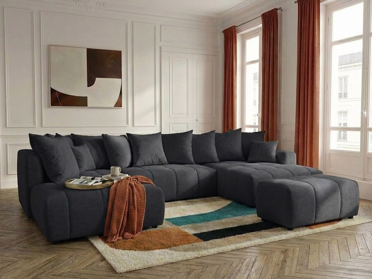 Canapé panoramique convertible ROXELANE chiné avec pouf gris foncé