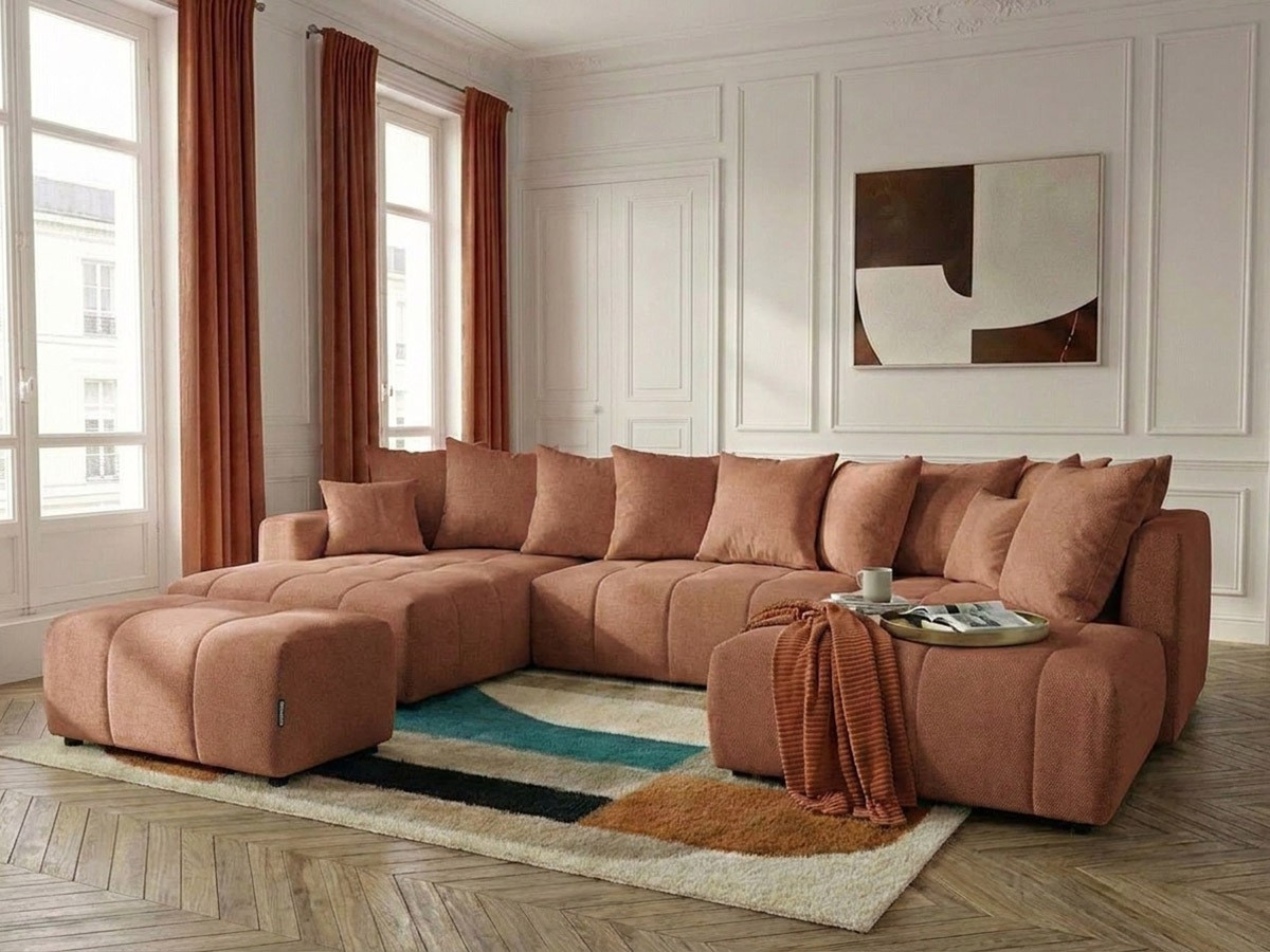 Canapé panoramique convertible ROXELANE tissu chiné avec pouf