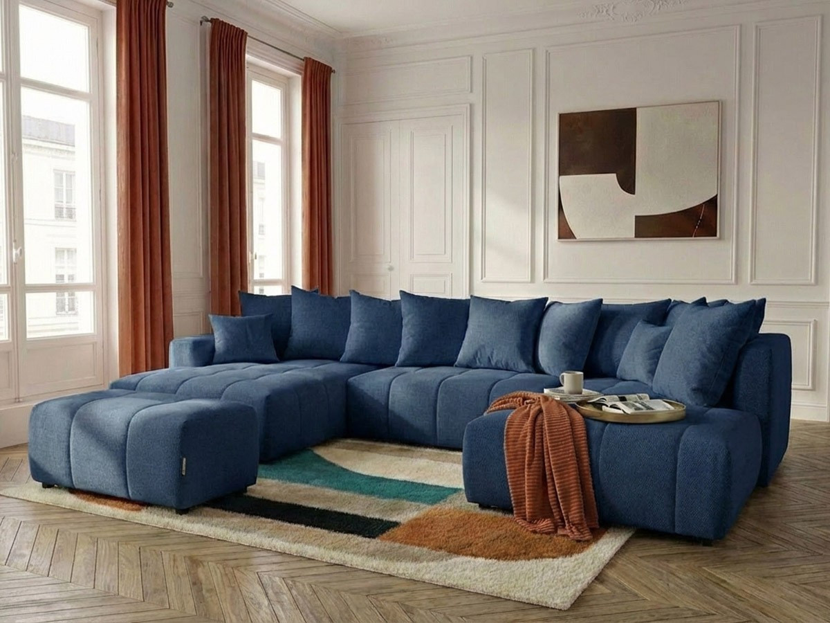 Canapé panoramique convertible ROXELANE tissu chiné avec pouf