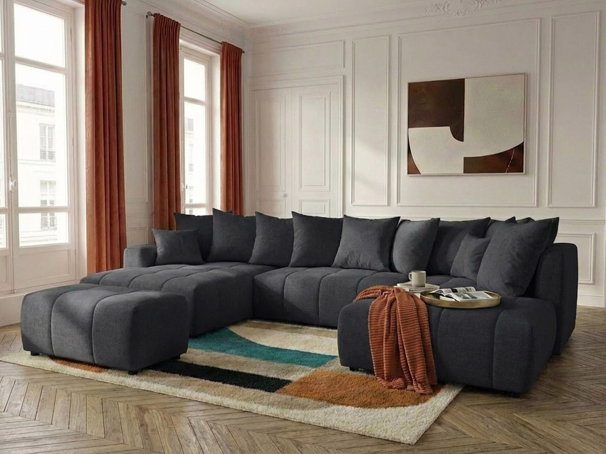 Canapé panoramique convertible ROXELANE tissu chiné avec pouf