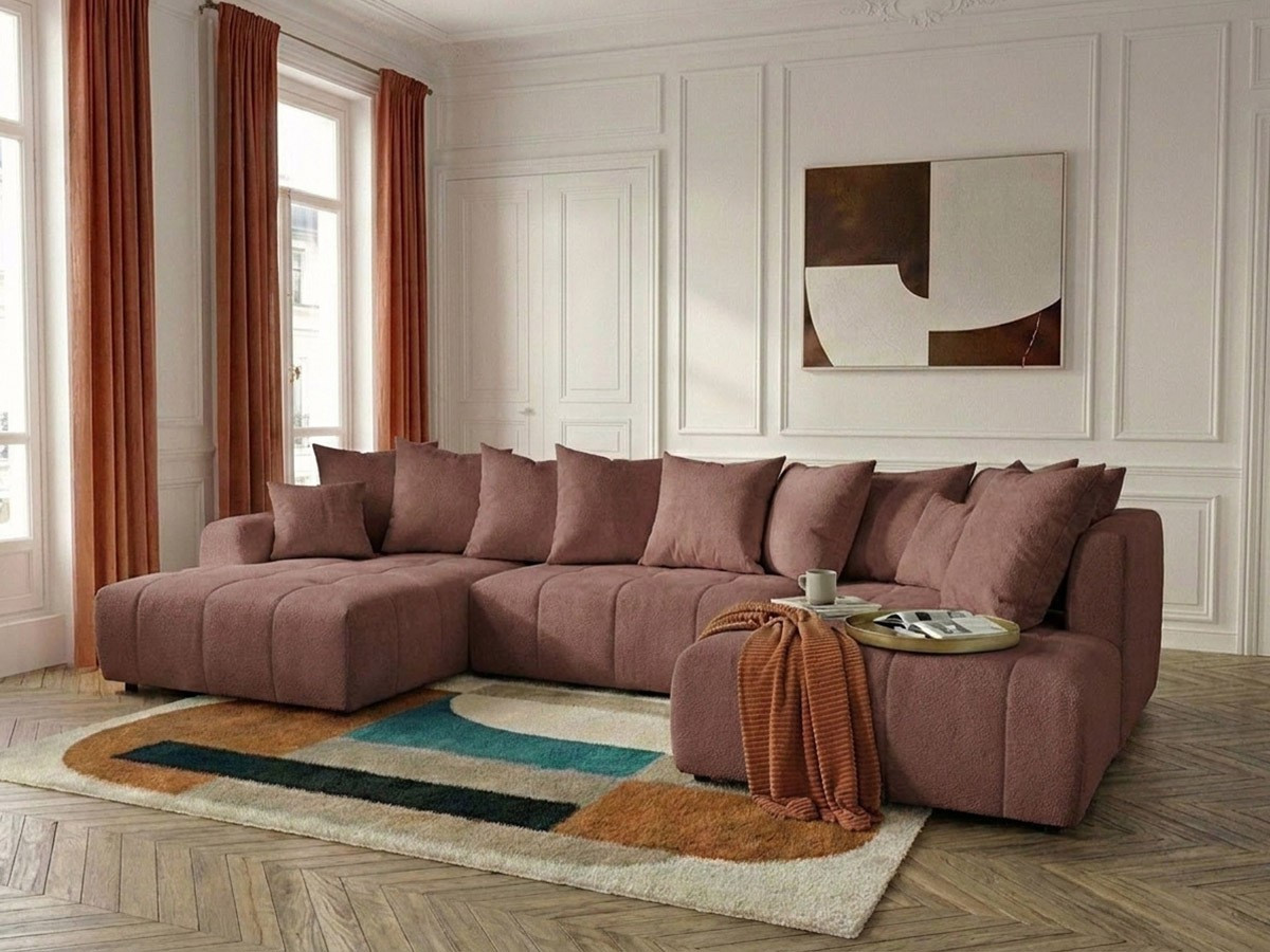 Canapé panoramique convertible ROXELANE tissu chiné rouge  angle gauche BOBOCHIC 6 places